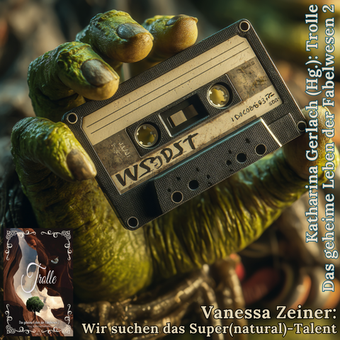 Hintergrund:
Midjourney Prompt: 
Close-up shot of a rough green-yellow troll hand with feminine features, delicately holding a vintage music cassette tape between thumb and index finger, the cassette label clearly displays "WSDST" text, detailed skin texture with mystical troll-like qualities, warm lighting, macro photography style, shallow depth of field, nostalgic 80s aesthetic --raw
Linke unter Ecke:
Cover des Buchs "Trolle - Das geheime der Fabelwesen 2" von Katharina Gerlach
Text:
Katharina Gerlach: Das geheime Leben der Fabelwesen 2
Vanessa Ziener: Wir suchen das Super(natural)-Talent