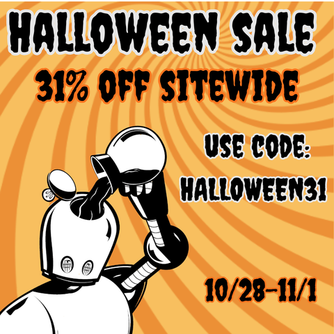 Promotional image for a Halloween sale. The background features orange and yellow spiral swirls. At the top, bold black text with a white outline reads “HALLOWEEN SALE.” Below that, large orange text with a black outline says “31% OFF SITEWIDE.” To the right, more black text with a white outline reads “USE CODE: HALLOWEEN31.” At the bottom right, orange text with a black outline displays the sale dates “10/28–11/1.” On the left side, there’s a black-and-white cartoon-style robot pouring coffee into its open head.