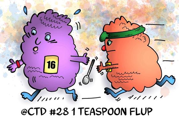 A purple character with the number 16 on its chest is running, looking back at an orange character dropping a spoon. The scene has a colorful, abstract background and the caption reads "@CTD #281 1 TEASPOON FLUP."