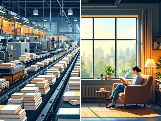 Till vänster en industriell fabrik där böcker produceras på löpande band med kallt ljus. Till höger en person som läser koncentrerat i en mysig fåtölj vid fönster med växter och kaffe. Visar kontrasten mellan massproducerad information och djup, reflekterande läsning