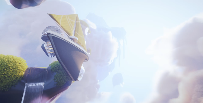 A flying gondola passes by a cloud home module among floating islands in the clouds. 