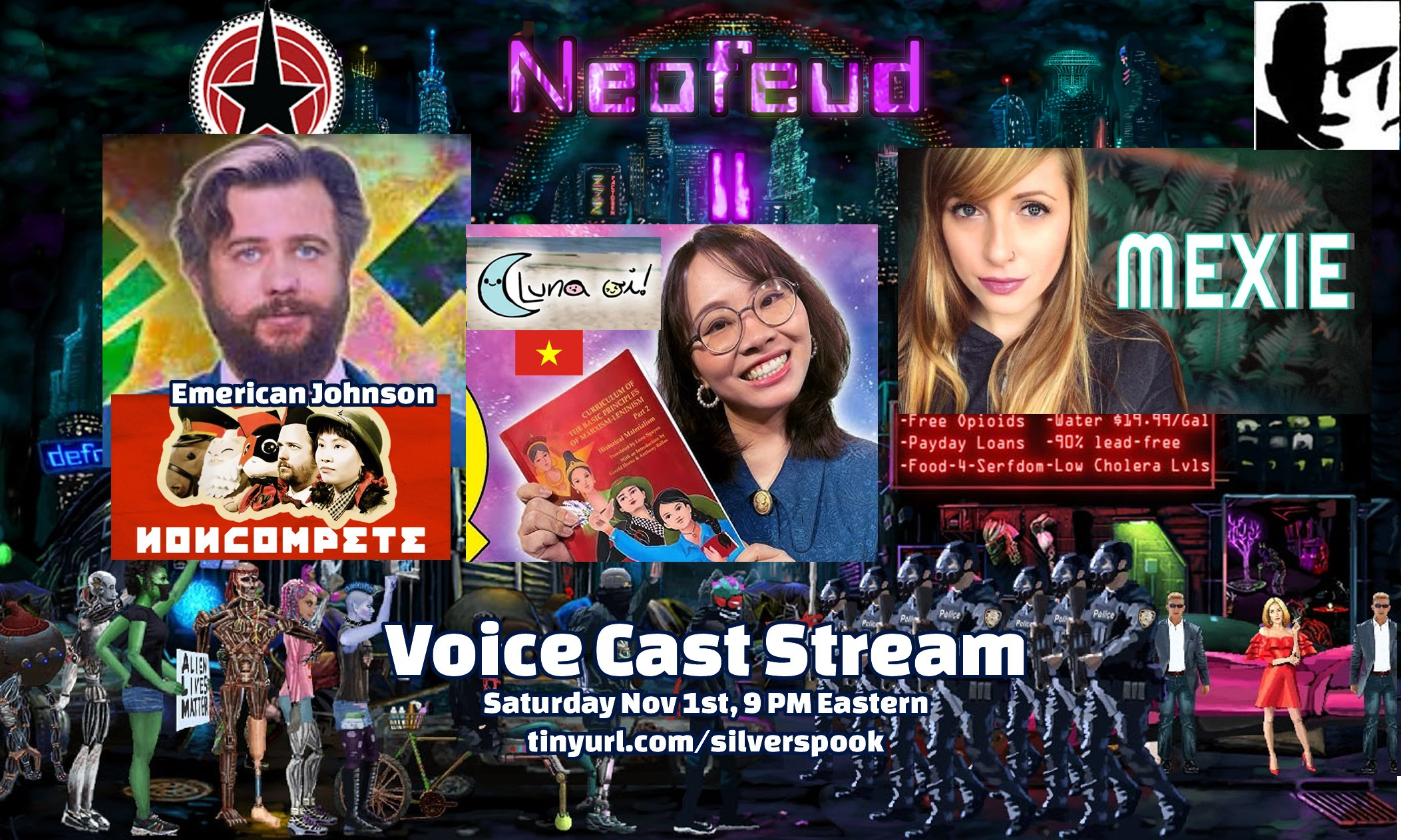 Neofeud 2 voice actors including Emerican Johnson youtube.com/@NonCompete , Luna Oi youtube.com/@Lunaoi , Mexie youtube.com/@Mexie