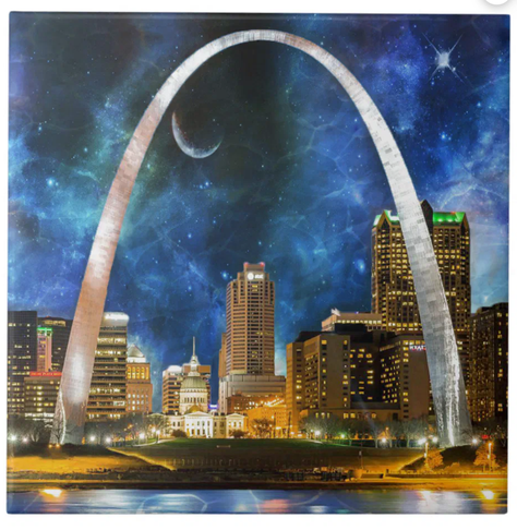 St. Louis Gateway Arch with a spacey background on a ceramic tile. 