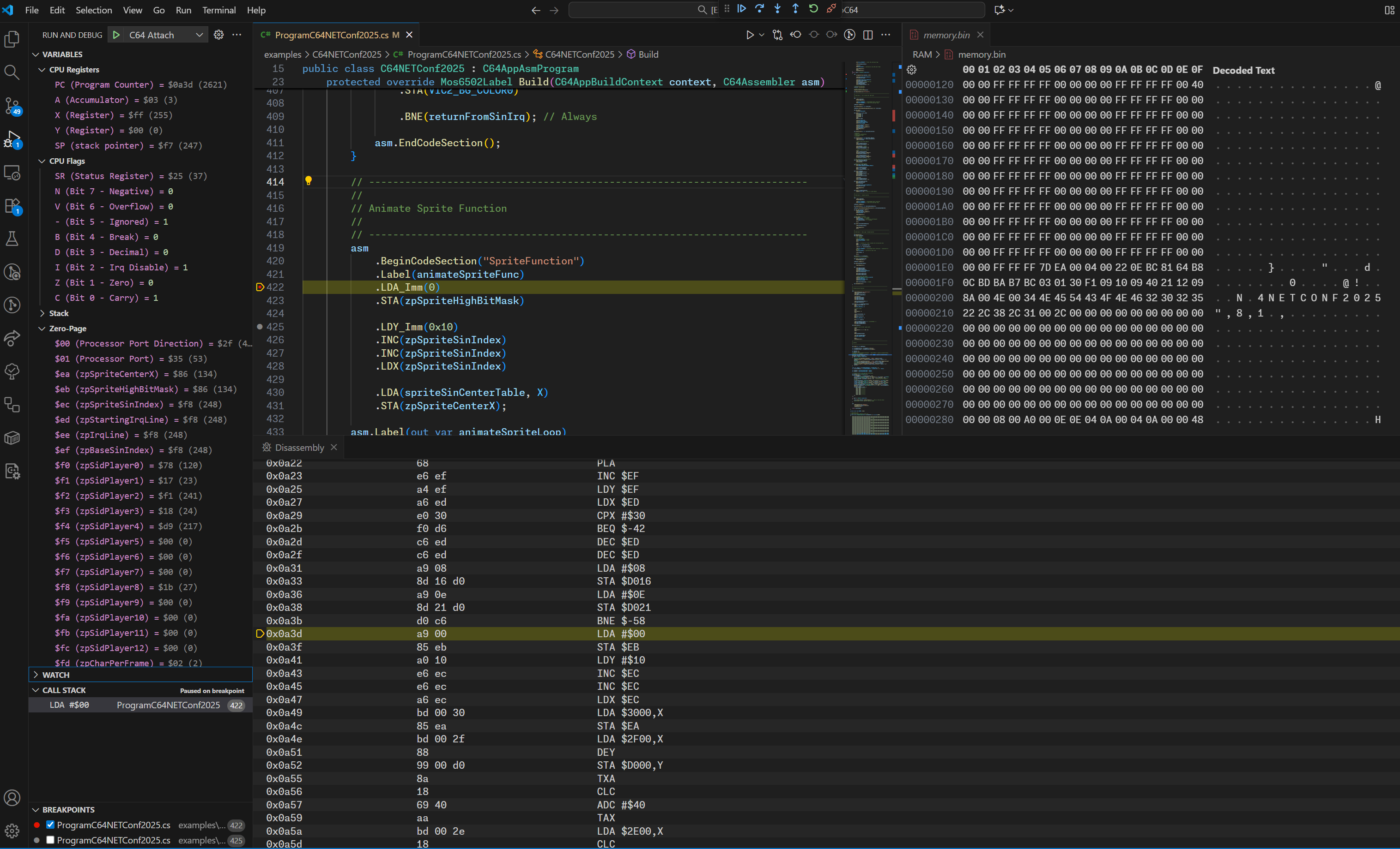 Screenshot of a VICE C64 debugger from VSCode that debugs assembly code written in C#