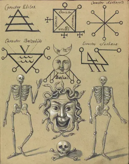 Cryptic symbols arranged around two skeletons and an image of Medusa's head