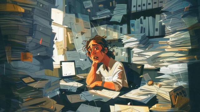 illustration of an unhappy young woman sitting at an office desk surrounded by piles of paperwork. Light illuminates her from a single window.