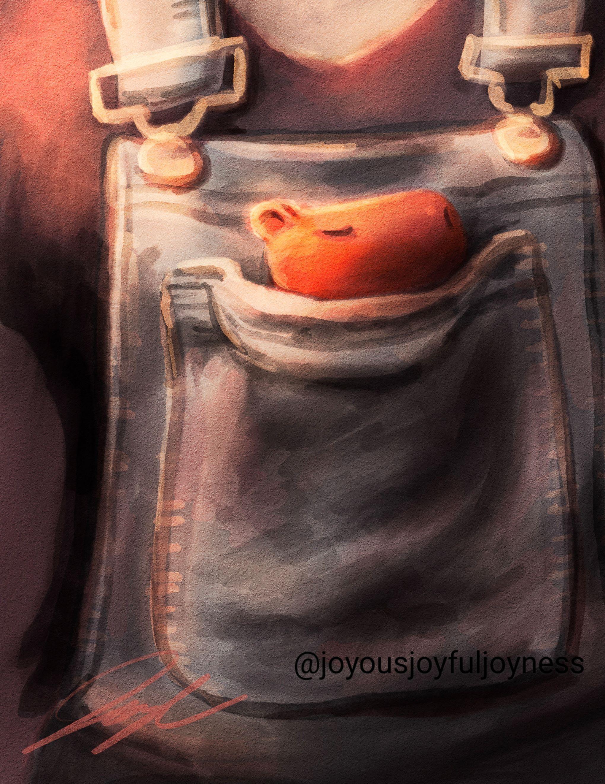 Painting of a sleeping miniature capybara in someone's overalls front pocket. The artist's signature and watermark @joyousjoyfuljoyness are at the bottom left and right.