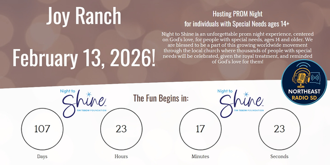 Joy Ranch hosts prom for special needs individuals 14+ on Feb 13, 2026. Countdown shows 107 days. Background has a warm tone.