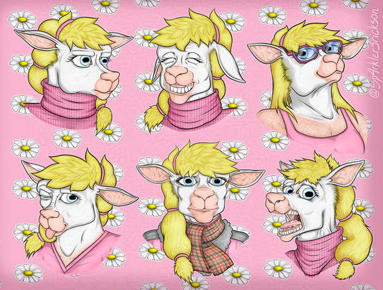 A six-face expression sheet for an anthropomorphic ewe named Lambda Erickson, or Lam E., arranged in two rows and three columns.  Background is pink with repeated daisy-head pattern and a slight shadow vignette. 

Top left: wearing turtleneck sweater, hair tied, looking canvas-right, apparently either annoyed or offended.

Top middle: wearing turtleneck sweater, hair tied, grinning widely, eyes closed, exposing her pearly whites. She has the approximate dental structure of an actual sheep, with front top teeth replaced with an extension of her upper gum known as a dental pad.  Her ears are drooped bashfully to the side of her head.

Top right: relaxed, wearing a tank top and blue-tinted sunglasses, showing a shorn neckline and shoulders, hair not tied, smiling with a Mona Lisa-like expression, leaning back, head tilted slightly upwards, quartering to canvas right, but eyes facing canvas left.

Bottom left: wearing pink tee shirt, hair tied, head quartering downward and canvas left, winking with her right eye, sticking her tongue out mischievously.

Bottom middle: wearing a pink winter coat with a gray fleece-lined collar and an off-white scarf with green and red plaid pattern, hair tied, looking almost straight at the viewer with blank-staring eyes and the corners of her mouth spread wide with an unimpressed look.

Bottom right: wearing turtleneck sweater, face quartering upward and canvas left, screaming in horror, eyes slightly red and looking downward and canvas right.