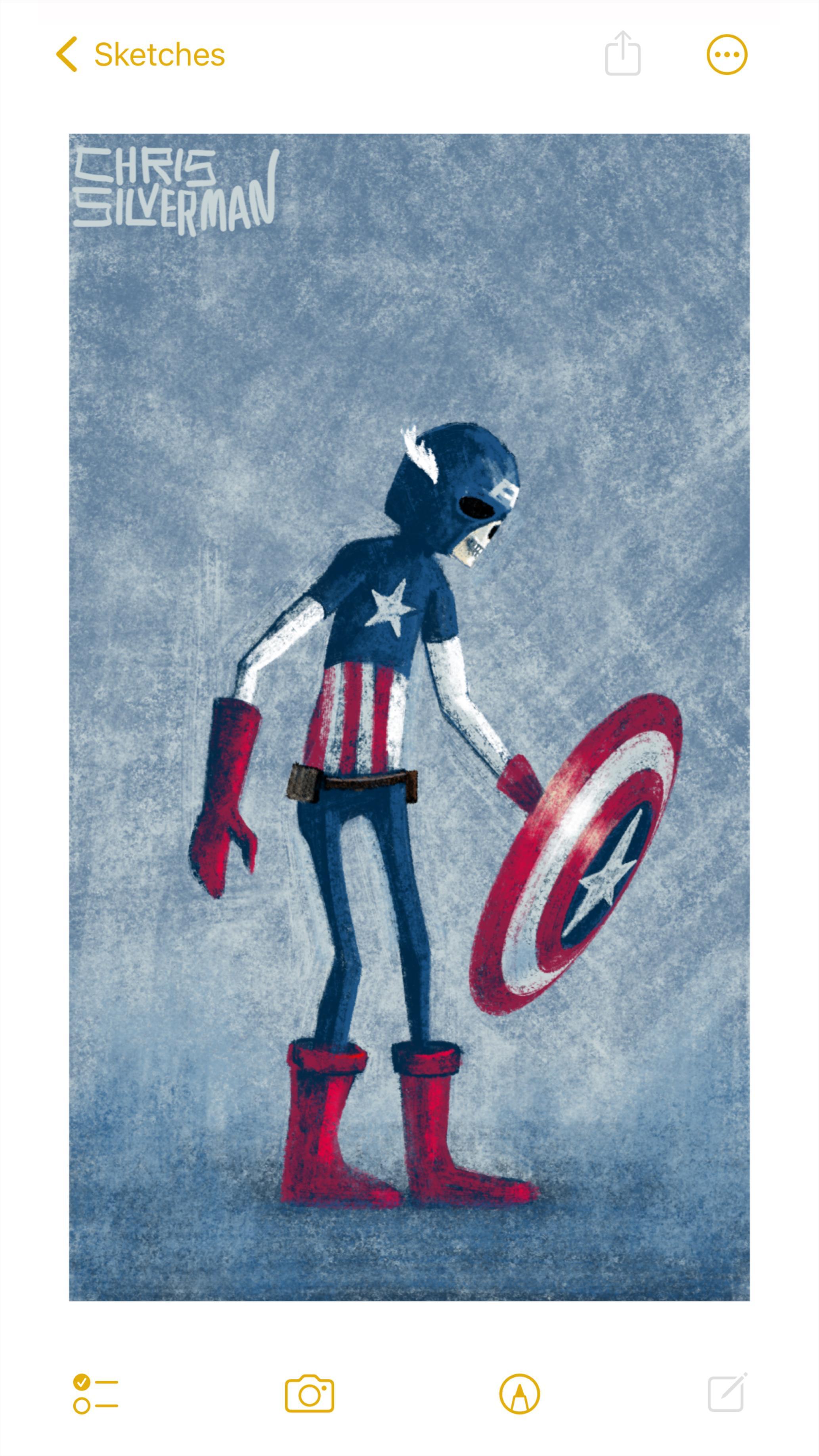 The mighty Captain America, resplendent in a blue suit with patriotic red and white stripes and a white star on the front. Captain America is, unfortunately, a skeletal figure, emaciated and hollow. His red boots and gloves are too large, and he seems barely able to hold his circular shield with the red and white stripes, a white star on a blue circle in the center. He stands in a gray, listless space, alone. The painting is signed "Chris Silverman".