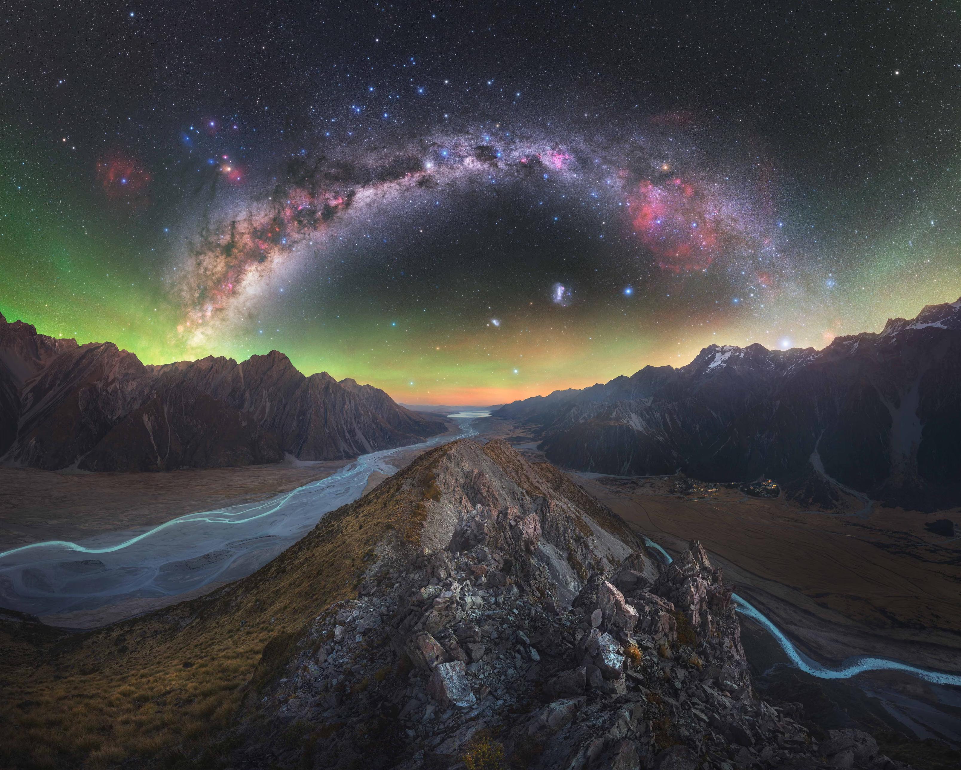 The photograph captures the twin glacial rivers with the Milky Way core off to the left of the image, as well as the Southern Cross and other pointers high in the centre sky.