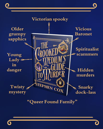 A book cover surrounded by  the following aspects in matching Victorian lettering - spooky / Vicious Baronet / Spiritualist Scammers/ Hidden Crimes / older grumpy sapphics /  snarky dock-lass/ twisty mystery / Lady in Danger/Queer Found Family
The Crooked Medium’s Guide to Murder by Stephen Cox
A striking book cover with the title and author name dominating.
A rich dark blue background, and a touch of mist. The text appears in gold in a gold rectangular frame, the font is old fashioned implying C19th century. The frame has three rondels or cameos each containing a picture. Top right is a golden bee brooch with the body and one wing streaked with red blood. Middle left is foxgloves, spires of small bell flowers in pink, white and purple. Bottom right is a dark brown medicine bottle, with a pale label. The word LAUDANUM is just  visible.
There are pink highlights on some of the letters.
Taken together it is bold, mysterious, and Victorian.

