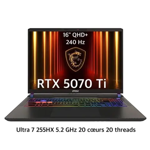 Image promotionnelle du MSI Vector 16 HX AI 2025 – PC portable gamer avec processeur Intel Core Ultra 7-255HX, RTX 5070 Ti, 32 Go DDR5, SSD 1 To et écran QHD+ 240 Hz.
