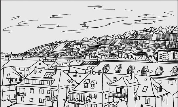 Schwarz-weiße digitale Strichzeichnung mit Häusern/Hausdächern im Vordergrund und einem in vielfältige Vierecke aufgeteilten Weinberg im Hintergrund.
