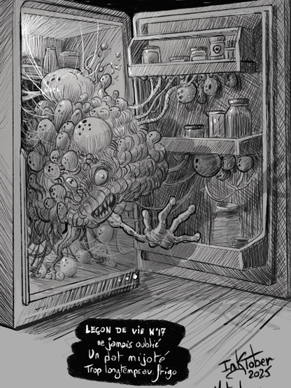 Un blob avec un visage et un bras s’extrait d’un frigo ouvert. “Leçon de vie numéro 17 : ne pas oublier un plat mijoté trop longtemps au frigo” 