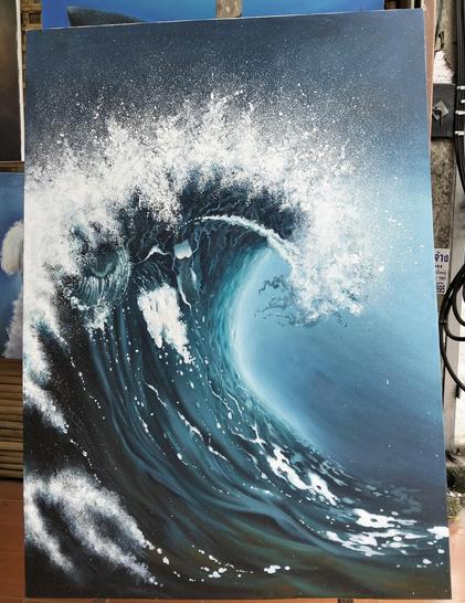 a painting of a giant foaming blue wave, curling to the right, lots of power and intensity in it 