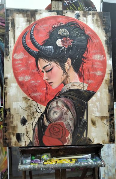 a painting of a horned woman with flowers and ornaments in her hair that is pinned up, she has devil / animal -type horns growing from her head, a giant red sun behind her in a golden sky, a rose in the foreground, she is wearing an eastern robe 