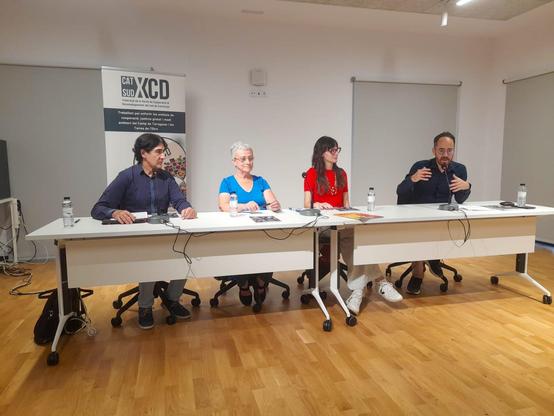 Terra i Pau, la Plataforma en Defensa de l'Ebre, Enginyeria sense Fronteres i el moderador, Josep Alcoceba, presentant la Revista Mirades 12