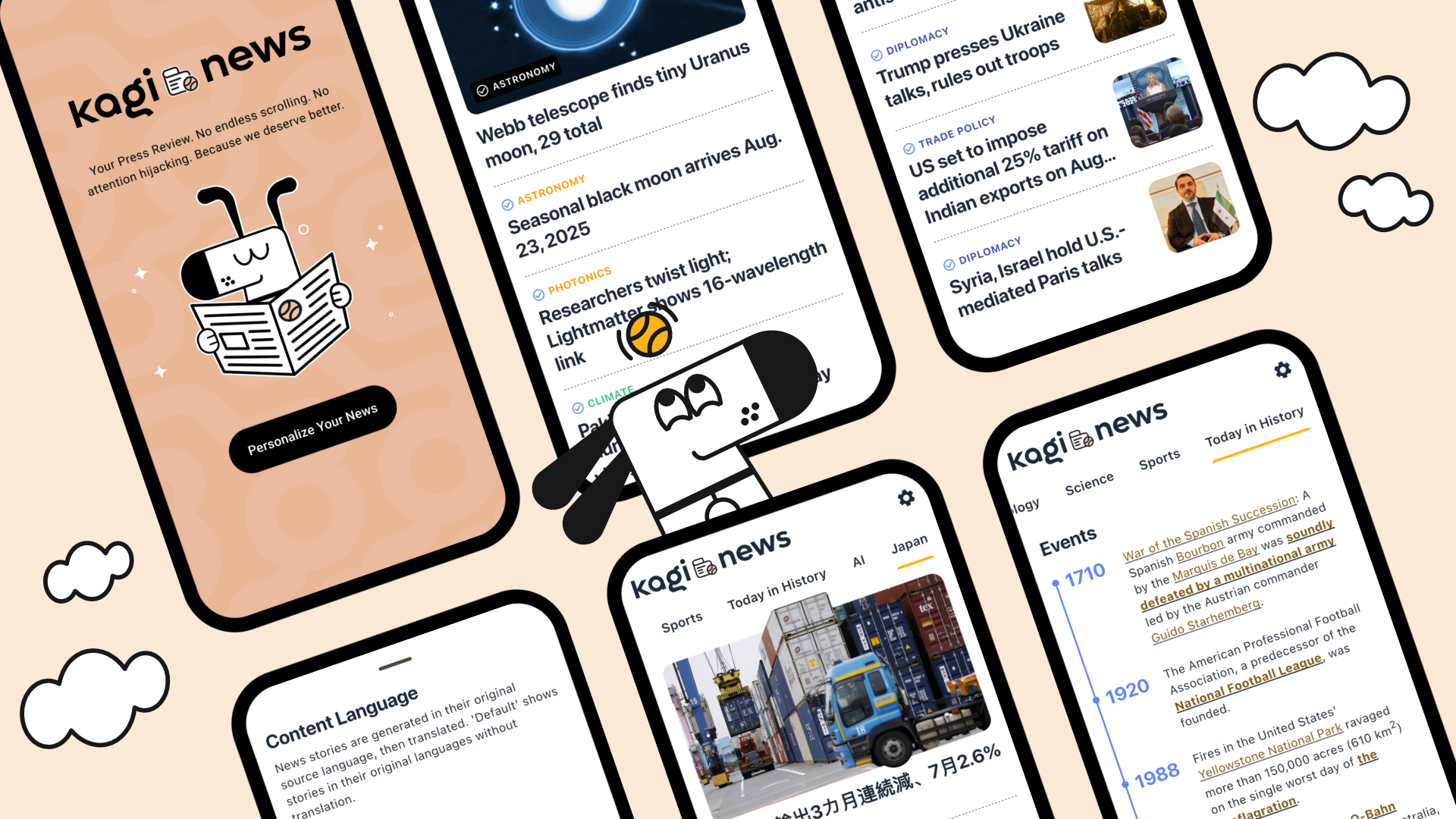 Five smartphone screens displaying the Kagi News app interface against a peach background with decorative cloud illustrations. In the middle is Doggo, Kagi's dog mascot. The screens contain various news feeds covering astronomy and politics, content language settings, and a historical events timeline with dates and images.