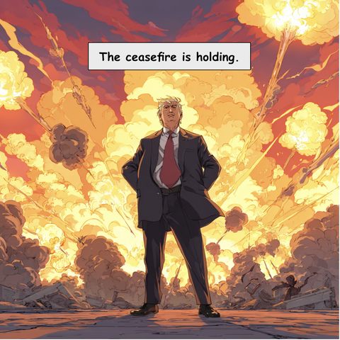a cartoon Trum standing triumphantly in front of bombs exploding, the caption reading "The ceasefire is holding."