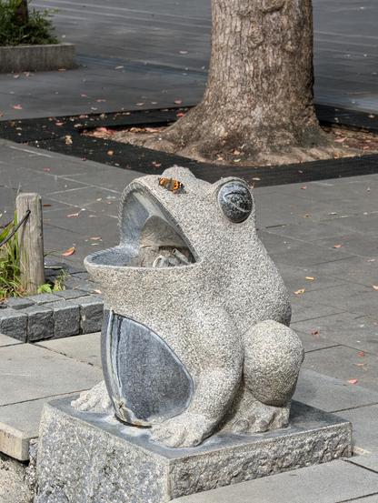 A brown-orange butterfly sits on the upper lip of a sitting frog whose mouth is open. It is made from granite. 