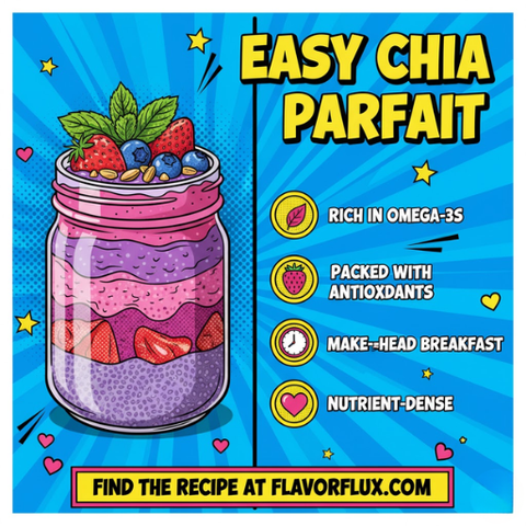 Infographic for a PCOS-friendly overnight chia parfait recipe with omega-3 and antioxidant benefits.