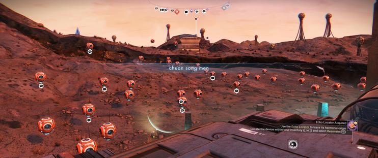Screenshot from no man’s sky showing the surface of a ruddy planet
Scattered in front of the view are at least a dozen ball-shaped message terminals
These terminals have been left by random players to let whoever gets here know that they are in the wrong galaxy, many of them display messages of greeting, or simply letting you know where you need to be.
Behind that ridge is a small base that someone constructed complete with a cook stove, a save beacon, and a teleporter to help you get back to w…