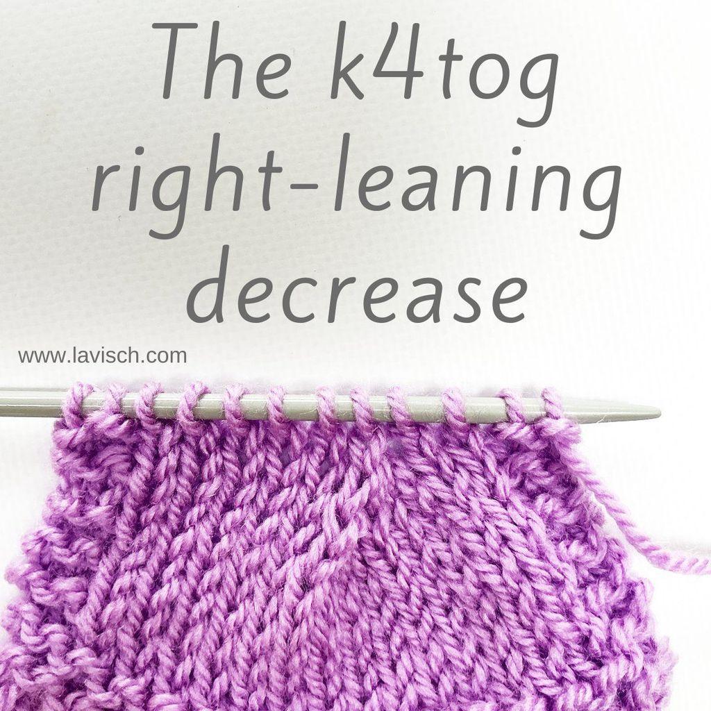 A lilac swatch on a gray knitting needle on which the k4tog decrease is shown.