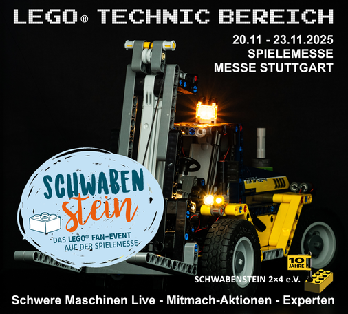 Ein Gabelstapler aus LEGO hebt das Logo der Schwabenstein 2025 an.