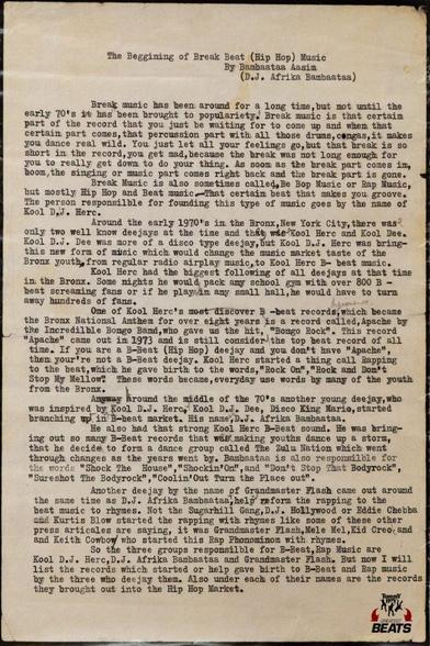 A poster with text by D.J. Afrika Bambaataa about the origins of breakbeat music.