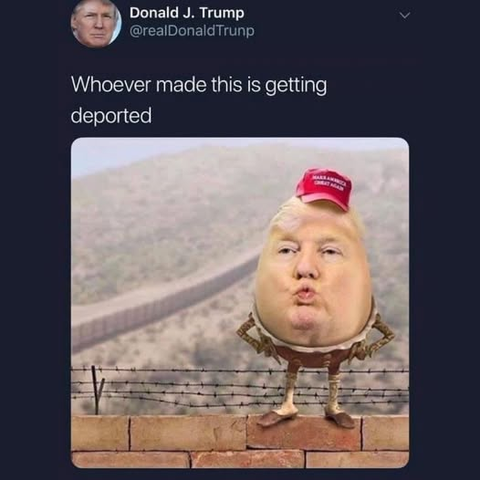 Donald Trump's face, with pursed lips, superimposed on a Humpty Dumpty body. He stands on a barbed-wire topped brick wall. He wears one of his stupid red baseball caps, with "Make America Great Again" written on it. The background shows the wall may be part of his border wall.
The picture appears to have been posted by Donald Trump, with his added caption, "Whoever made this is getting deported".