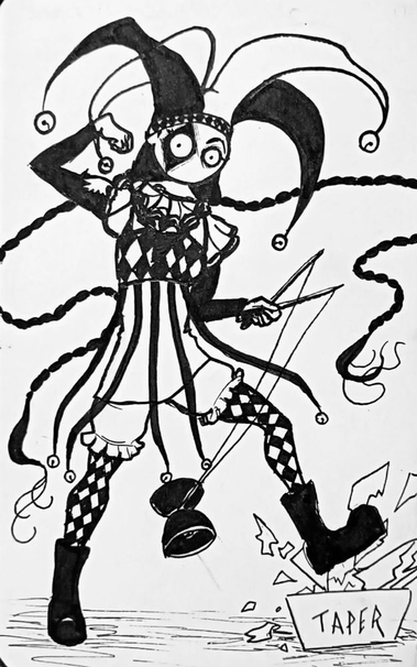 ilustración a tinta y papel de una mujer vestida de arlequín, con un diábolo en una mano, rompiendo un taper grande con la bota