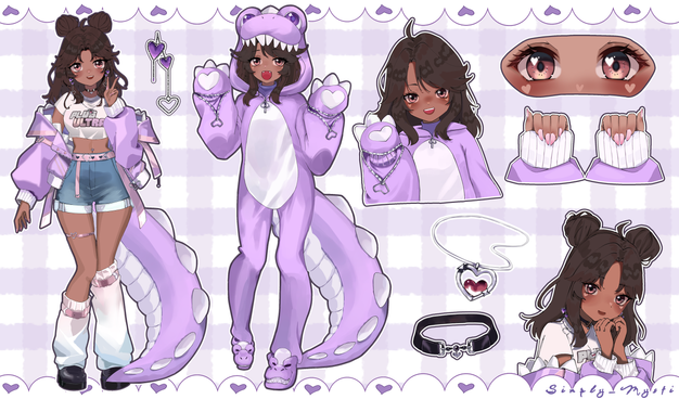 Reference sheet of Mysti, a cozy dinosaur VTuber with warm brown skin, wavy dark hair in buns, and heart-shaped highlights in her eyes. She wears a pastel purple dino kigurumi and a “Plus Ultra” outfit with shorts and a jacket. Close-ups show her eyes, nails, and heart jewelry. The background is lavender checkered with hearts and “Simply_Mysti” at the bottom.