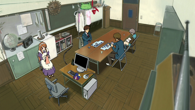 From the perspective of sitting atop a high shelf, overlooking four people sitting in a room. One is knitting something, two are playing a game, and one other is reading a book.