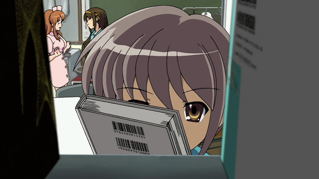 From the perspective of the back of a shelf, a girl (Yuki) appearing to hold a book in the foreground while in the background we see one girl (Mikuru) in a nurse costume opposite another girl (Haruhi)
