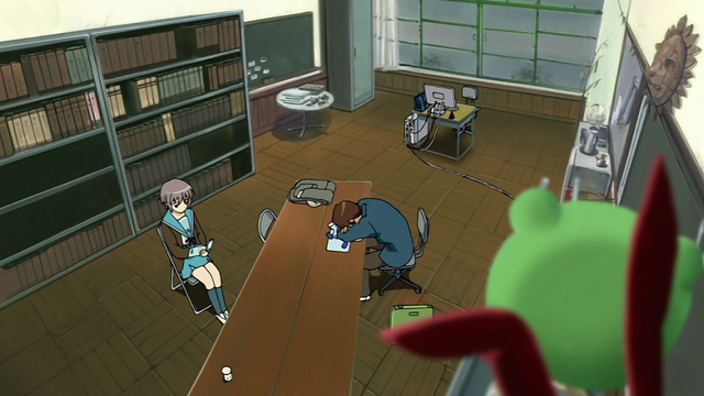 From the perspective of being up on a high shelf, overlooking a club room where a boy (Kyon) is asleep on a table while a girl (Yuki) is reading a book.