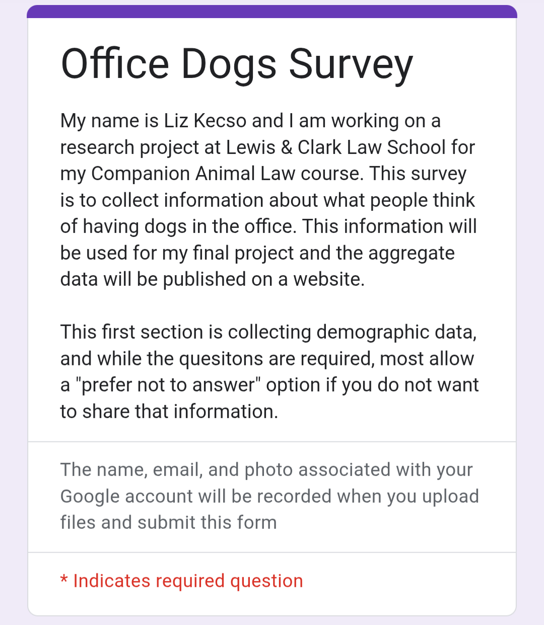 A screenshot of a Google form for a survey about office dogs.