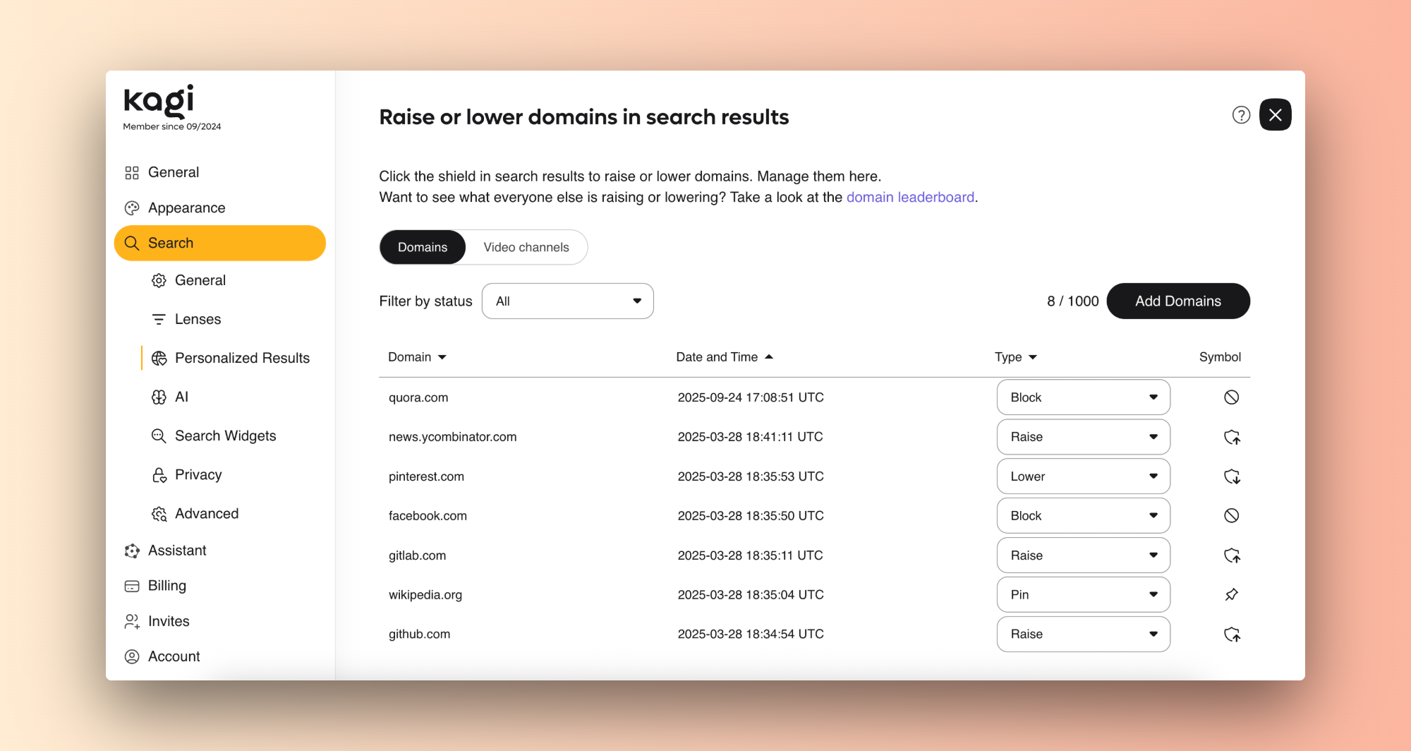 Screenshot of the Kagi Search settings page showing the ‘Raise or lower domains in search results’ section. The interface lists domains such as quora.com, news.ycombinator.com, pinterest.com, facebook.com, gitlab.com, wikipedia.org, and github.com, each with a status like Block, Raise, Lower, or Pin. The left sidebar includes navigation items like General, Appearance, Search, Lenses, Personalized Results, AI, Privacy, and Account. The ‘Add Domains’ button is visible at the top right with a counter showing 8 out of 1000 domains used.