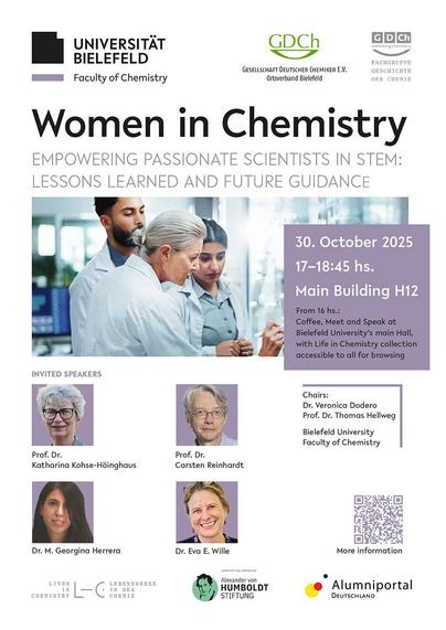 Poster: Women in Chemistry—Empowering Passionate Scientists Colloquium, October 30, 2025 at Bielefeld University. Speakers: Katharina Kohse-Höinghaus, Carsten Reinhardt, Georgina Herrera, Eva E. Wille.