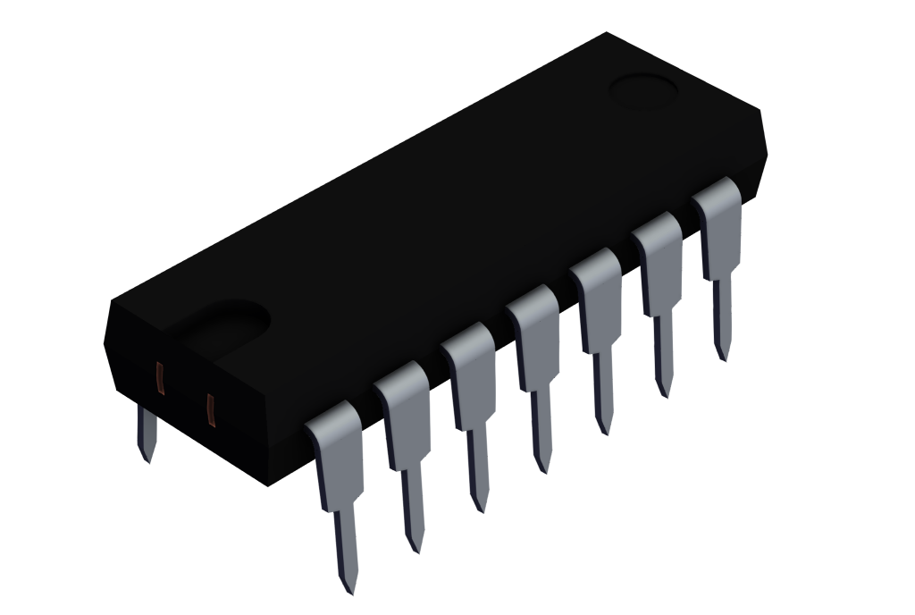 The image shows a 3D rendering of a black integrated circuit (IC) chip with 14 metallic pins—7 on each side. The rectangular chip has a notch on one end, used to indicate pin orientation. The metallic pins are bent downward for insertion into a circuit board. The background is transparent.