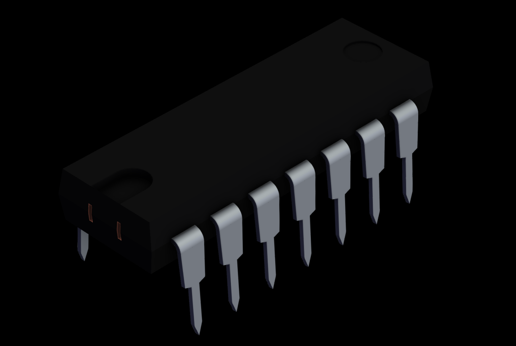 The image shows a 3D rendering of a black integrated circuit (IC) chip with 14 metallic pins—7 on each side. The rectangular chip has a notch on one end, used to indicate pin orientation. The metallic pins are bent downward for insertion into a circuit board. The background is plain black.