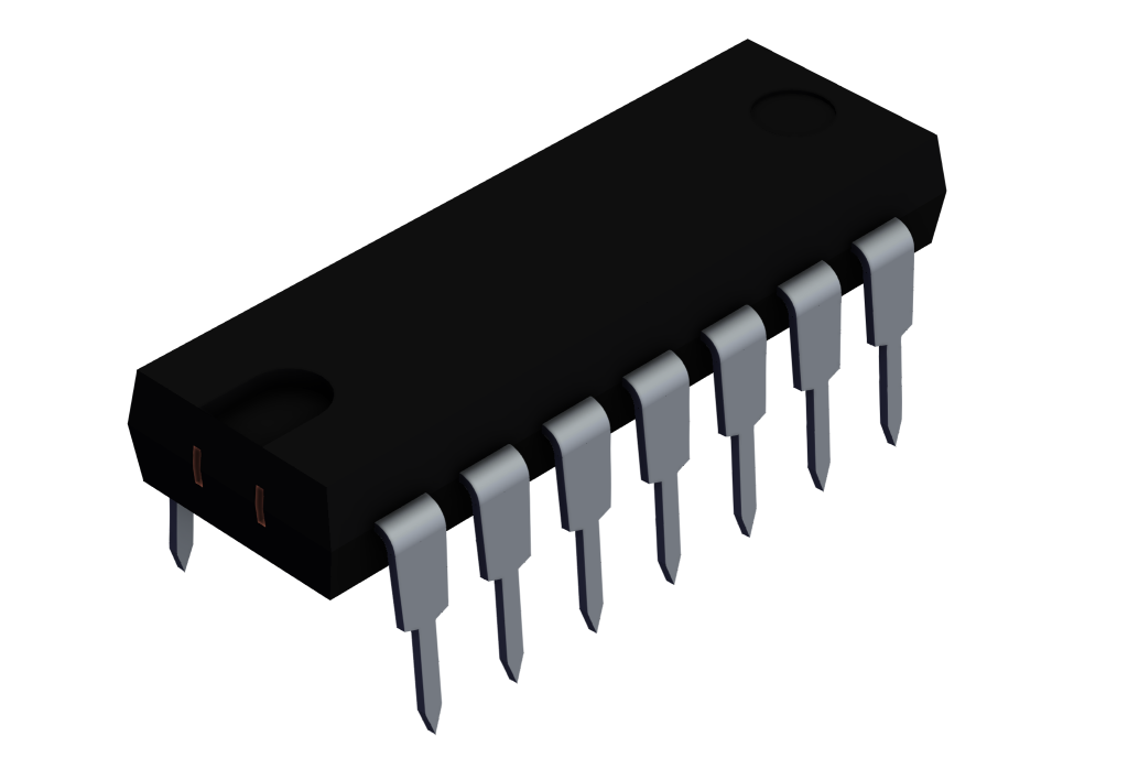 The image shows a 3D rendering of a black integrated circuit (IC) chip with 14 metallic pins—7 on each side. The rectangular chip has a notch on one end, used to indicate pin orientation. The metallic pins are bent downward for insertion into a circuit board. The background is plain white.