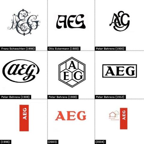 Diferentes versiones históricas del logotipo de la AEG. De 1896 a 2004. La parte clave son los años de 1900 a 1912 cuando Peter Behrens entra en la empresa y aplica criterios modernos de diseño pasando de uno estética decorativa, avant garden a algo más racional organizado legible simple etcétera. Los últimos diseños mantienen la tipografía pero añaden el rojo y aplican el logo verticalmente 