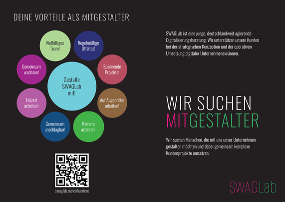 Rechteckiger Recruiting-Flyer von SWAGLab auf dunklem Hintergrund.
Links stehen in bunten Kreisen die Vorteile für Mitarbeitende: Gemeinsam wachsen!, Teilzeit arbeiten!, Gemeinsam unschlagbar!, Vielfältiges Team!, Regelmäßige Offsites!, Spannende Projekte!, Auf Augenhöhe arbeiten!, Remote arbeiten!. In der Mitte der größte Kreis in Hellblau: Gestalte SWAGLab mit!. Darunter ein QR-Code mit der URL swaglab.rocks/karriere.
Rechts steht in großen weißen und farbigen Buchstaben: WIR SUCHEN MITGESTALTER. Darunter der Text: Wir suchen Menschen, die mit uns unser Unternehmen gestalten möchten und dabei gemeinsam komplexe Kundenprojekte umsetzen.
Oben rechts eine kurze Beschreibung von SWAGLab: SWAGLab ist eine junge, deutschlandweit agierende Digitalisierungsberatung….
Unten rechts das SWAGLab-Logo in Pink und Grün.
