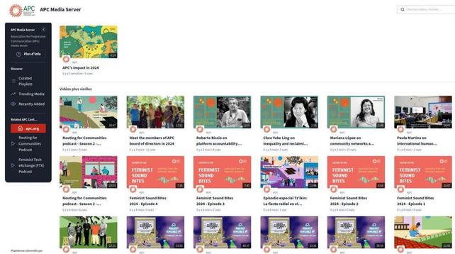 A screenshot of the APC Media Server, a video hosting platform built on the free and open-source software, PeerTube. The interface displays several rows of video thumbnails, featuring content primarily focused on digital rights, community networks, and social justice, including videos titled "APC's impact in 2024," "Routing for Communities podcast," and a series called "Feminist Sound Bites.