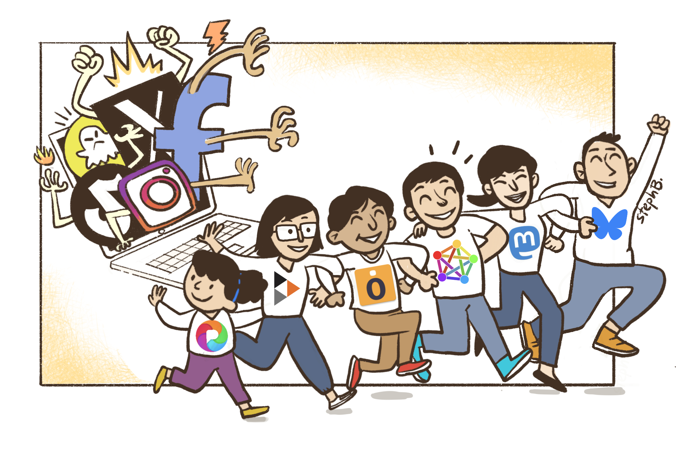 People with alternative social media icons on their shirts running joyfully away, arms linked, from angry toxic media icons trying to grasp them from a device.