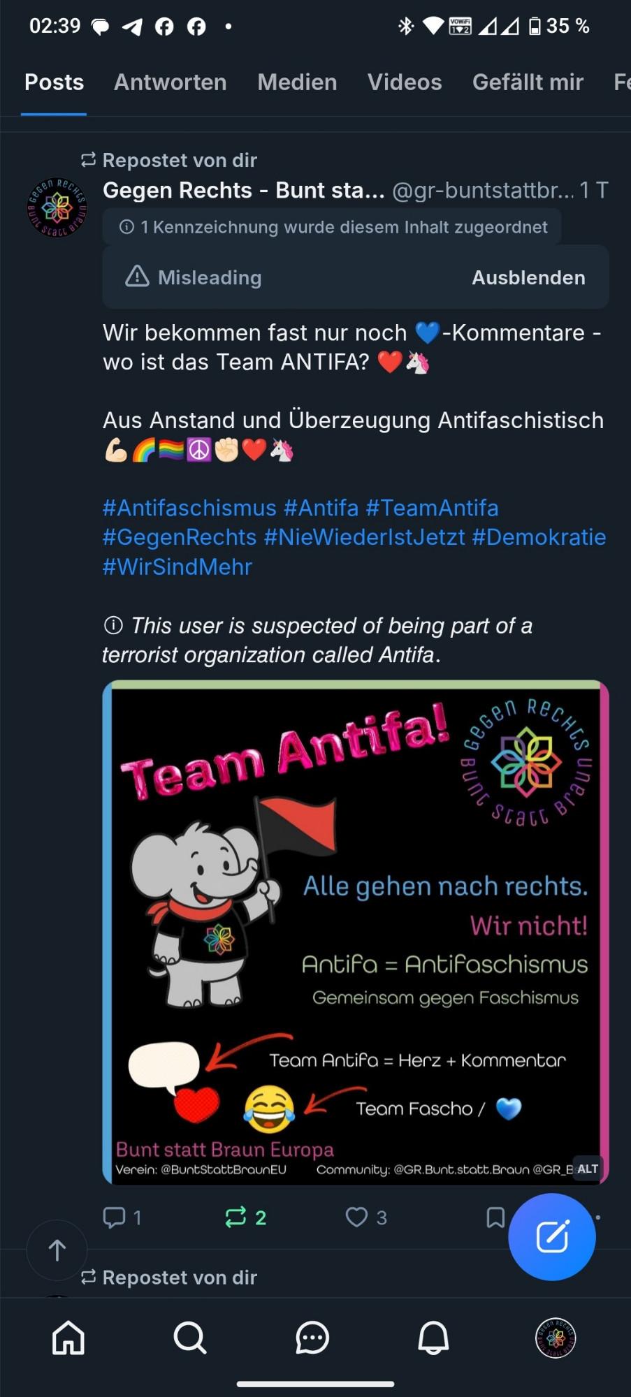 Der Screenshot dokumentiert also, dass ein antifaschistischer Beitrag von Bluesky fälschlich als „irreführend“ markiert wurde, verbunden mit einer Warnung, die Antifa als angeblich „terroristische Organisation“ bezeichnet. Diese Markierung wurde automatisiert durch das Moderationssystem der Plattform vorgenommen, obwohl der Inhalt offenkundig gegen Rechts gerichtet ist und sich auf demokratische, antifaschistische Werte bezieht.