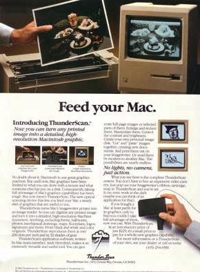 Old ad showing at top an old Macintosh classic computer next to a printer and a color photo with a black and white version of the photo on the screen.  Ad copy reads: "Feed your Mac. Introducing ThunderScan..."