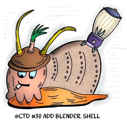 A cartoon snail with a playful expression, wearing a brown pot as a hat and featuring unique antennae. It has a blender attached to its shell and is smoking a cigarette. The image has colorful, whimsical details.