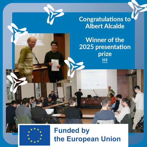 Two photos combined with some congratulatory text. Photos of receiving the prize and of the seminar room with the audience.